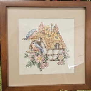 Lovely Birdhouse Cross-Stitch in Wooden Frame